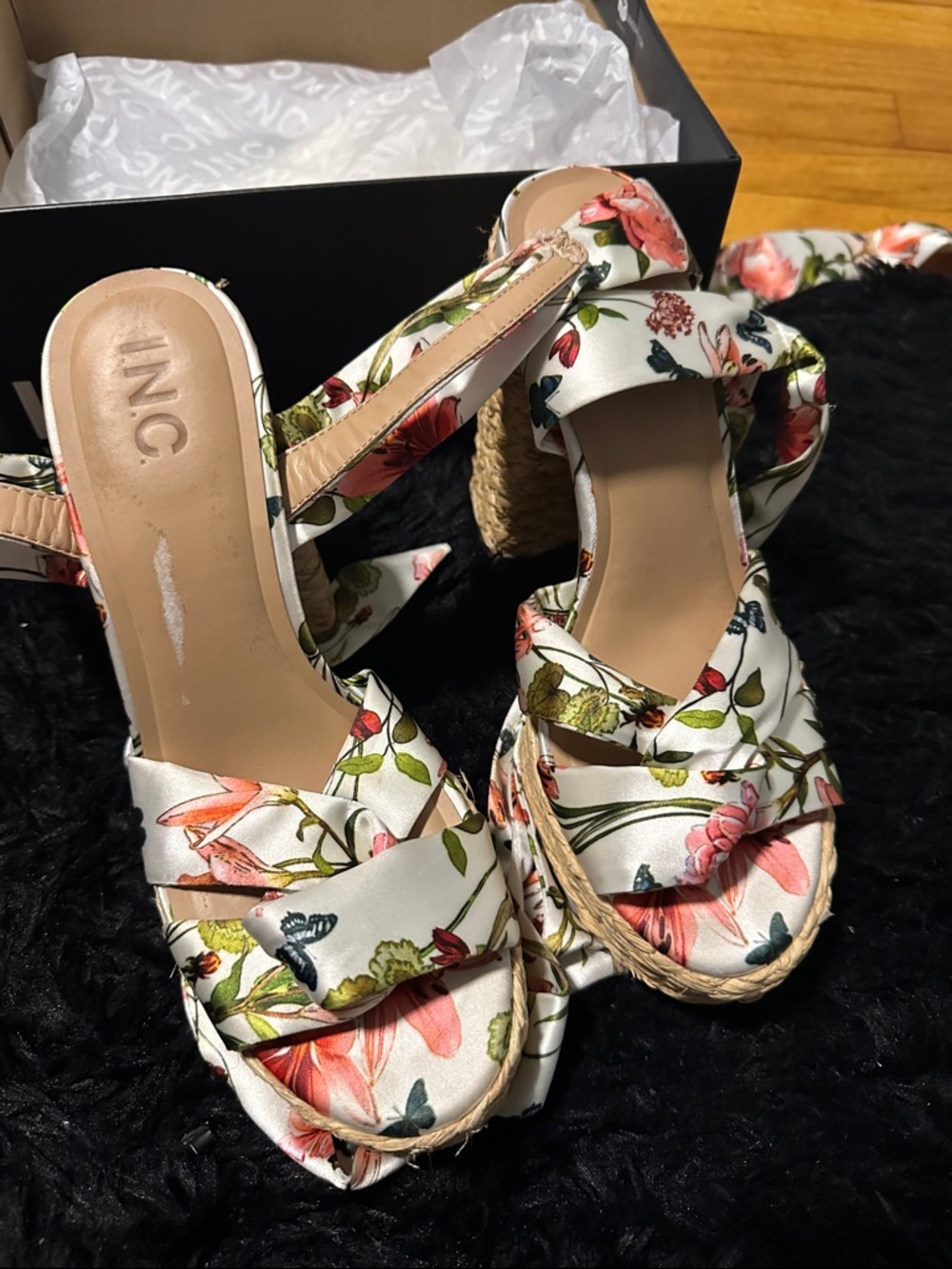 INC International Concepts Floral Satin Wedge Sandals - White with Pink & Green